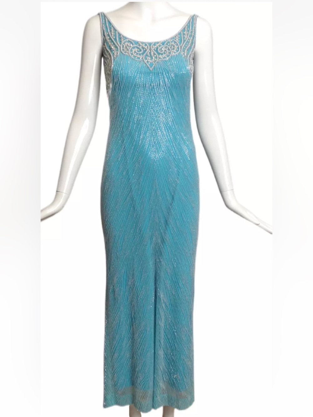 Bob Mackie Turquoise Beaded Sleeveless Maxi Dress
